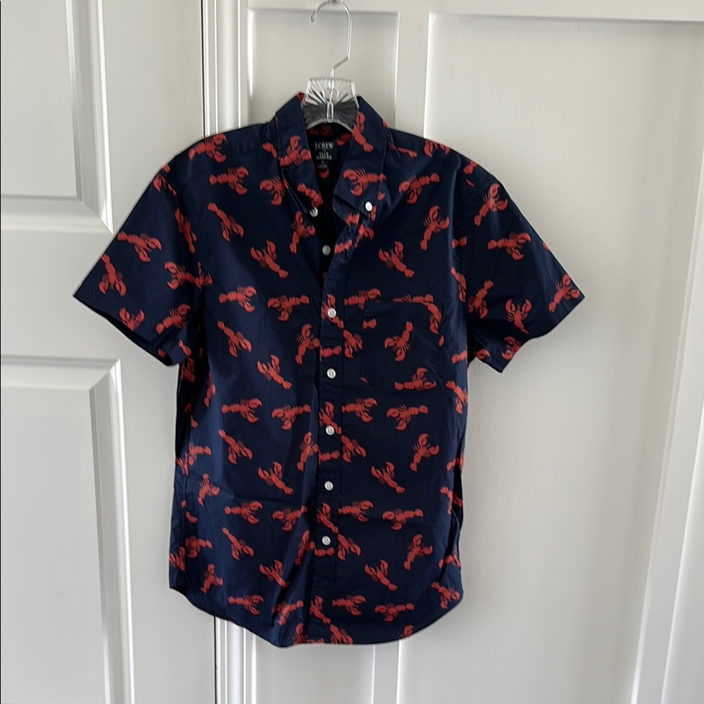 J. Crew Navy Short-Sleeve Button-Down Shirt with Red Lobster Print